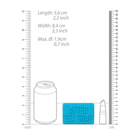 SLI182x3jpg Flat lay with vertical rulers (inches on left, centimeters on right) showing a blue 'AFTER SEX SOAP' bar between a can and a small tube; dimensions: Length 5.6 cm, Width 8.4 cm, Max Ø 1.9 cm.