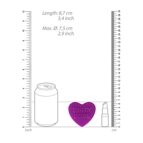 SLI197x3jpg Infographic of a can, a purple heart labeled 'DIRTY LOVE', and a lipstick, with vertical rulers on both sides to show measurements.
