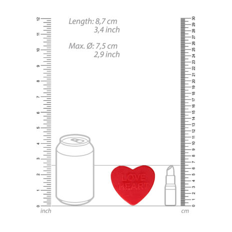 SLI199x3jpg Diagram showing item size: soda can, red heart labeled 'LOVE HEART', and lipstick beside rulers for scale (8.7 cm length, Ø 7.5 cm).