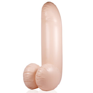 Inflatable pink dildo with a tall shaft and two scrotum-shaped bases, standing upright on a white background