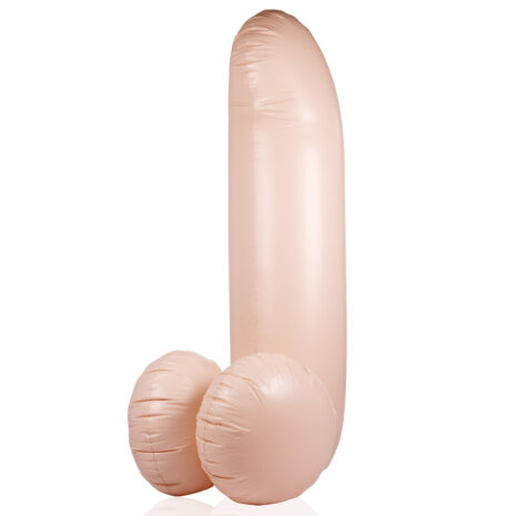 SLI234FLEx1jpg Inflatable pink dildo with a tall shaft and two scrotum-shaped bases, standing upright on a white background