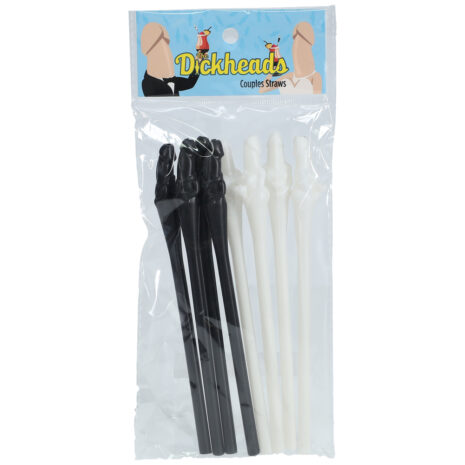 SLI247MUL1x2jpg Set of black and white penis-shaped drinking straws in a clear plastic package with a blue label that reads 'The Dickheads Couples Straws'
