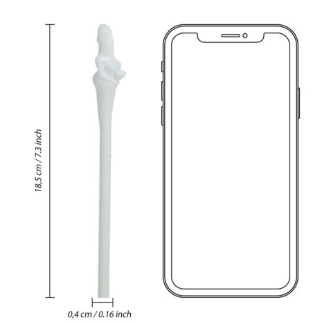 SLI247MUL1x3jpg White bone-shaped object about 18.5 cm tall beside a smartphone outline to show size.