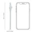White bone-shaped object about 18.5 cm tall beside a smartphone outline to show size.