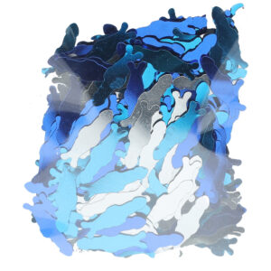 Abstract collage of overlapping blue, white, and gray humanoid shapes forming a dense, wave-like pattern.
