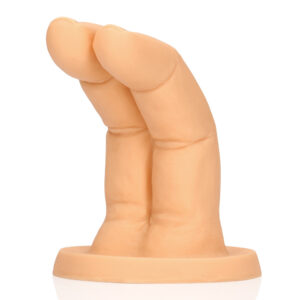 Peach-colored silicone dildo with a curved, double-tipped top on a circular base.