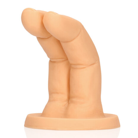 SLI285FLEx1jpg Peach-colored silicone dildo with a curved, double-tipped top on a circular base.