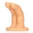 Peach-colored silicone dildo with a curved, double-tipped top on a circular base.