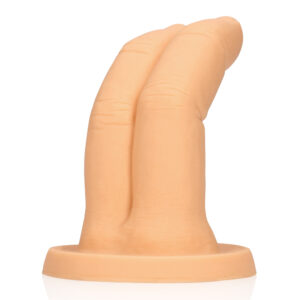 Flesh-colored dildo standing upright on a circular base, a silicone sex toy designed for adult use