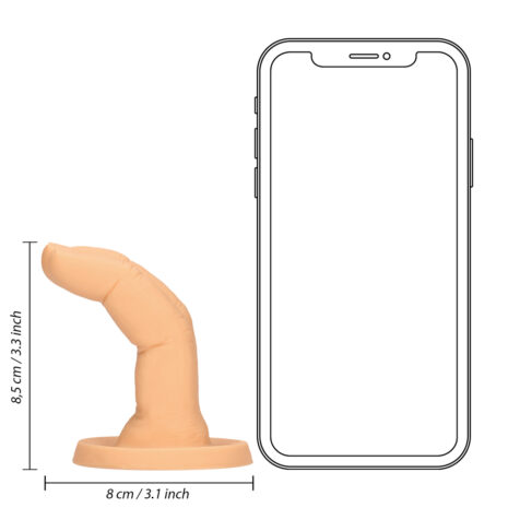 SLI285FLEx4jpg Cream-colored curved dildo on a round base, displayed beside a smartphone for size reference.
