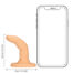 Cream-colored curved dildo on a round base, displayed beside a smartphone for size reference.