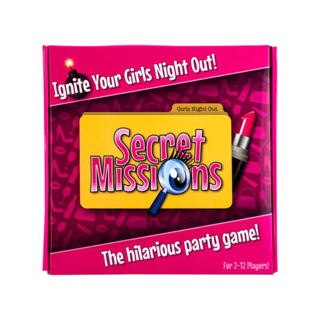 SMGNx4jpg Pink party game box titled 'Secret Missions' with magnifying glass graphic, reads 'Ignite Your Girls Night Out!' and 'The hilarious party game' for 2-12 players.