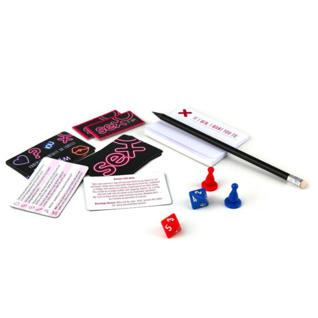 SMTSx3jpg Sex-themed party game components on a white surface: black cards with pink 'sex' text, two pawns (red and blue), dice, a pencil, and a notepad.
