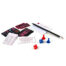 Sex-themed party game components on a white surface: black cards with pink 'sex' text, two pawns (red and blue), dice, a pencil, and a notepad.