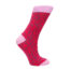 Red knee-high sock with blue bone pattern and pink cuff and toe edge at the top and bottom