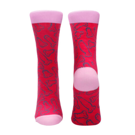 SOCK002-2x2jpg Pair of red socks with pink cuffs and toes, featuring a blue bone pattern.