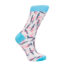 White mid-calf sock with blue toe, heel, and cuff, covered in a pink and navy dancing-figures print.
