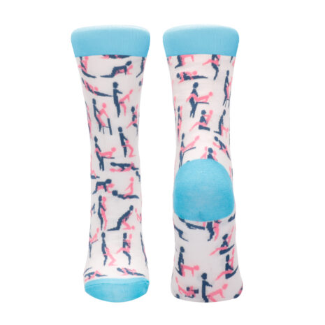 SOCK004-2x2jpg White socks with turquoise toes and heels, covered in a pink and navy dancing-figure pattern on white background.