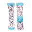 White socks with turquoise toes and heels, covered in a pink and navy dancing-figure pattern on white background.