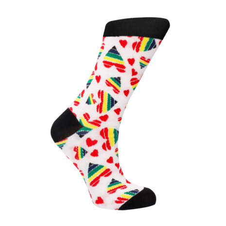 White crew sock with colorful hearts and rainbow-striped triangles, black toe and cuff.