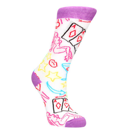 Colorful novelty sock featuring playing cards, hearts, lips, and stars on white with purple toe and cuff.
