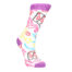 Colorful novelty sock featuring playing cards, hearts, lips, and stars on white with purple toe and cuff.