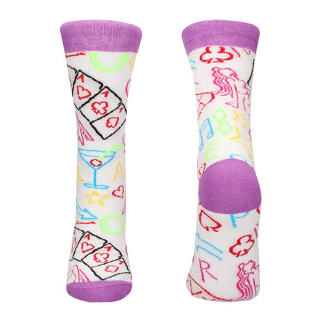 SOCK012-1x2jpg Pair of white novelty socks with purple toes and cuffs, featuring colorful printed shapes like playing cards, a cocktail glass, stars, and musical notes.