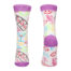 Pair of white novelty socks with purple toes and cuffs, featuring colorful printed shapes like playing cards, a cocktail glass, stars, and musical notes.