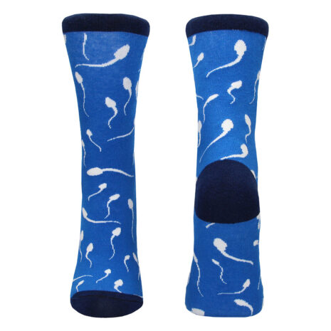 SOCK013-1x2jpg Pair of blue knee-high socks with a white sperm-pattern print and navy toes and cuffs