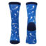 Pair of blue knee-high socks with a white sperm-pattern print and navy toes and cuffs