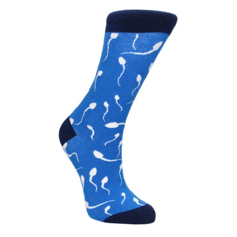 SOCK013-2x2jpg Blue knee-high sock with white sperm-pattern design and dark cuff and toe.