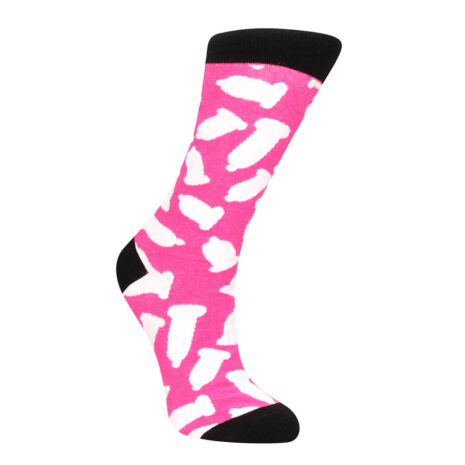SOCK014-2x1jpg Knee-high pink sock with white bone-shaped pattern and black toe and cuff accents, novelty design