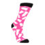 Knee-high pink sock with white bone-shaped pattern and black toe and cuff accents, novelty design