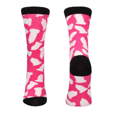 SOCK014-2x2jpg Pair of pink socks with white abstract shapes and black toes and cuffs.