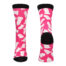 Pair of pink socks with white abstract shapes and black toes and cuffs.
