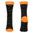 Pair of black socks with bright orange toes and cuffs, covered in multicolored mustache patterns (novelty design).