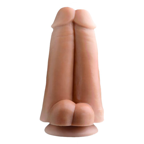 Pink silicone sex toy shaped like two fingers standing upright with a rounded base on a white background.