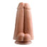 Pink silicone sex toy shaped like two fingers standing upright with a rounded base on a white background.