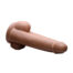 Brown silicone dildo with a realistic shaft and rounded head, lying on its side on a white background.