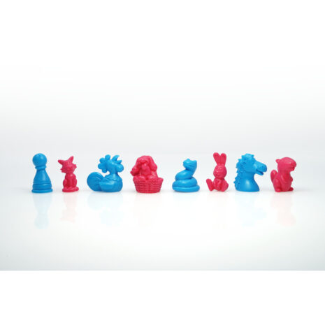 TRCABGx4jpg Line of blue and pink plastic toy game pieces arranged in a row on a white surface, resembling chess figurines