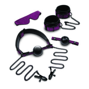 Purple-and-black BDSM restraint set with ball gag, chained cuffs, collar/leash, and a purple blindfold on a white background.