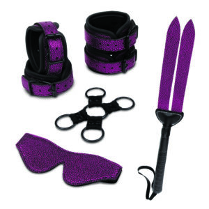 Purple textured bondage kit with wrist and ankle cuffs, neck collar, blindfold, bondage rings, and a two-tailed whip/tool set.