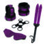 Purple textured bondage kit with wrist and ankle cuffs, neck collar, blindfold, bondage rings, and a two-tailed whip/tool set.