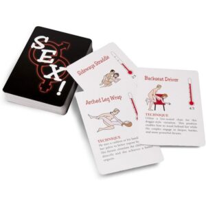 Deck of sex position instruction cards with illustrations and brief text, fanned on a white background.