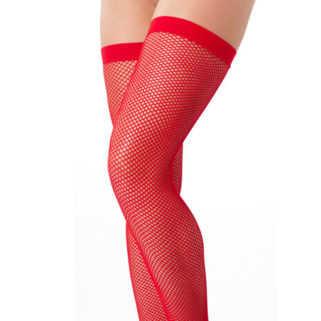 r1462x1jpg Close-up of legs wearing bright red fishnet stockings with red bands at the top.